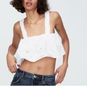 ZARA White Floral Embroidered Ruffle Crop Tank top women size Medium